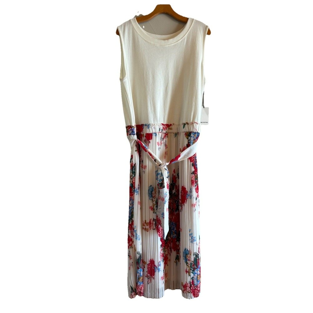 For‎ Cynthia Cream & Floral Pleated Sleeveless Midi Tank Dress Lined NEW SZ 2X